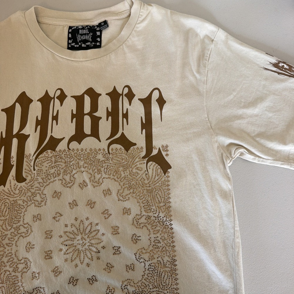 Rebel Vengeance Rhinestone Bandana Graphic Shirt Cream M